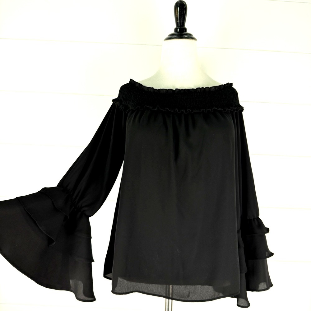 Vtg Y2k Off Shoulder Top Women L Goth Whimsigoth Bell Sleeve Witch Renaissance